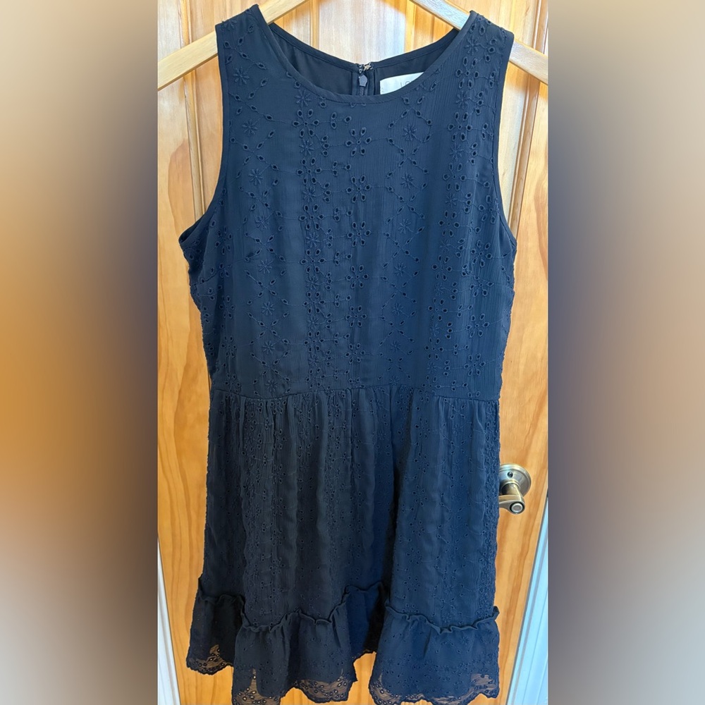 Loft Navy Eyelet Dress with Tiered Ruffle